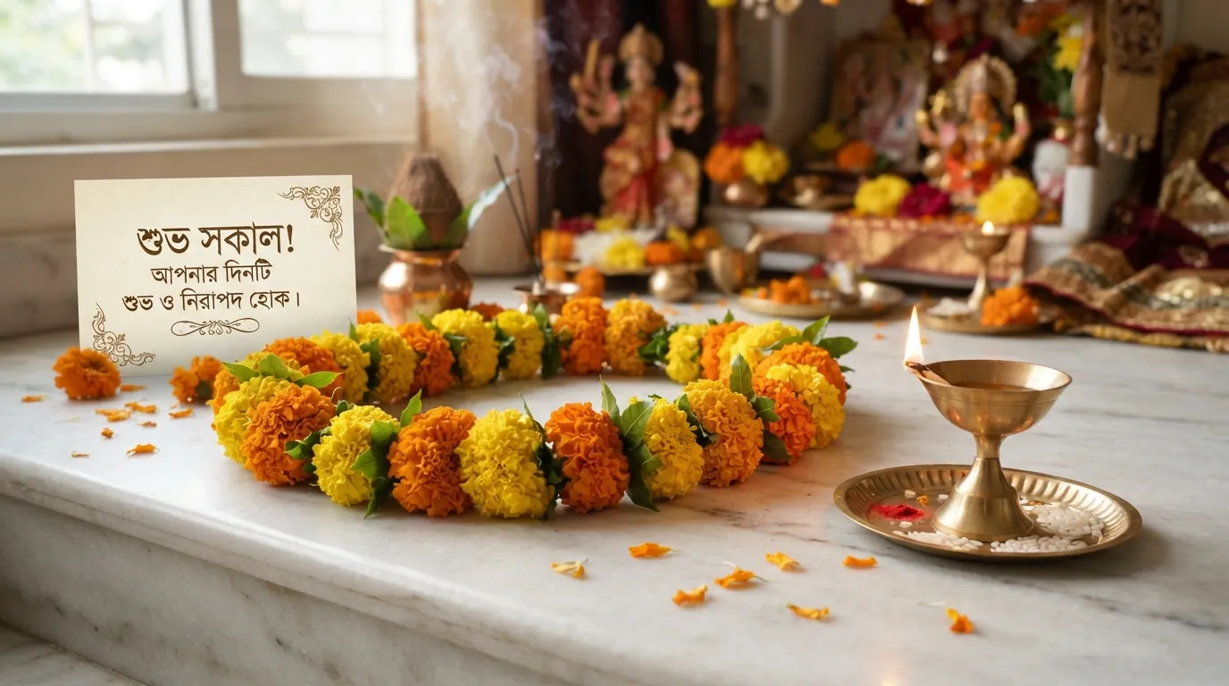 Bright orange marigold flowers arranged beautifully with a peaceful morning prayer background.