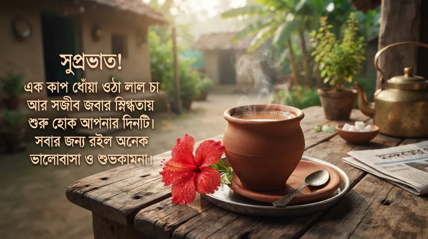A hot clay cup of morning tea next to a fresh red hibiscus flower with Bengali morning quotes.