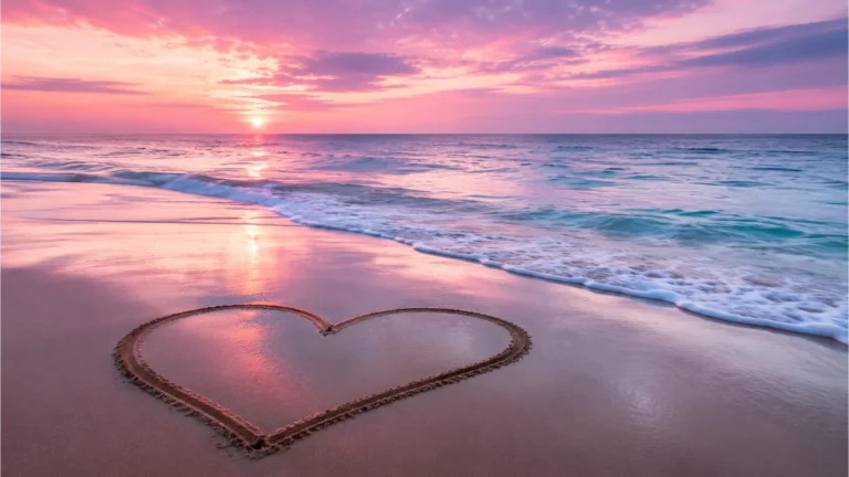 A heart drawn in beach sand with ocean waves and a good morning love message.
