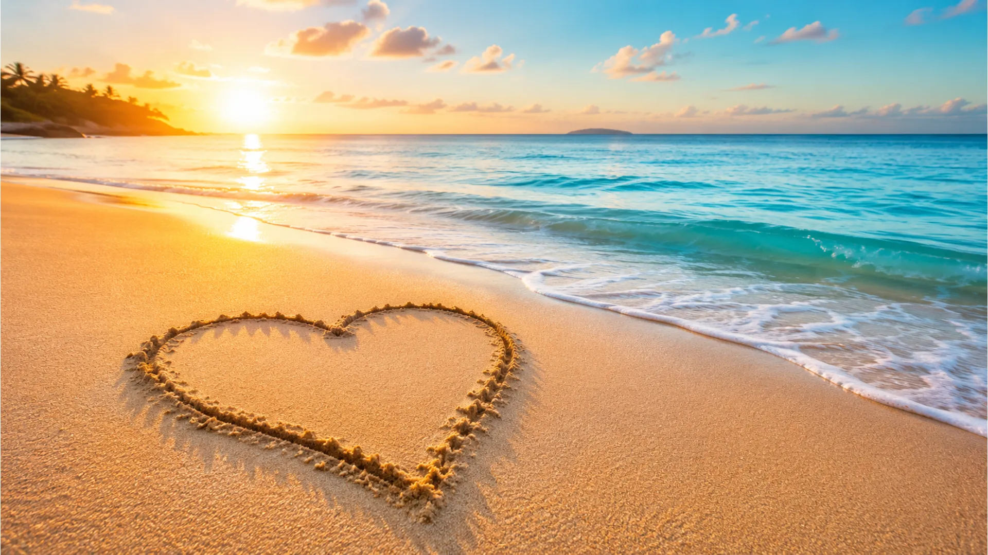Heart shape carved in golden beach sand with soft morning sea waves in the background.