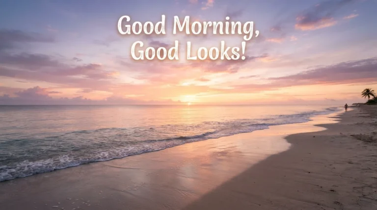 Calm ocean waves at sunrise with good morning good looks text.