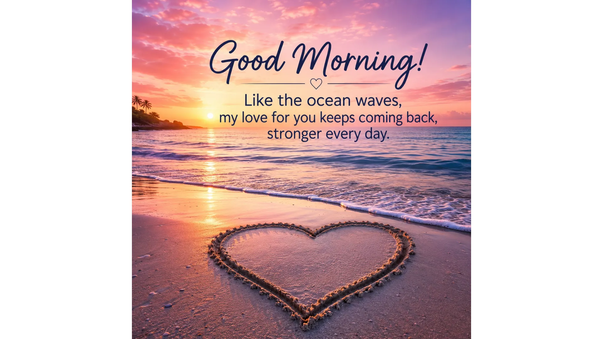 A beach sunrise good morning love image with a heart drawn in the sand.