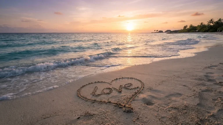 Soft ocean waves on a sandy beach during sunrise with love text written on screen.