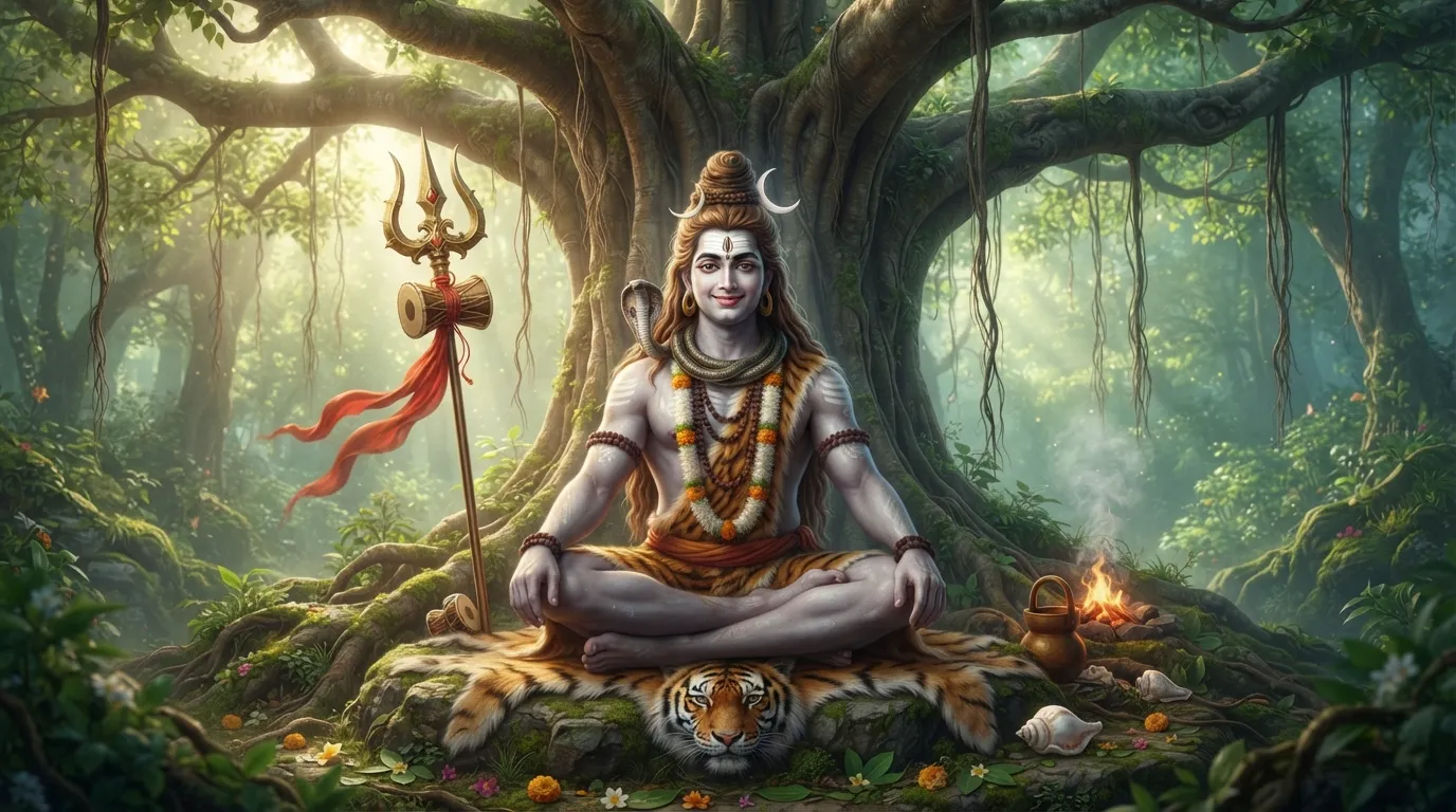 Beautiful Bholenath ji ki photo sitting with his Trishul and Damru in a calm forest.