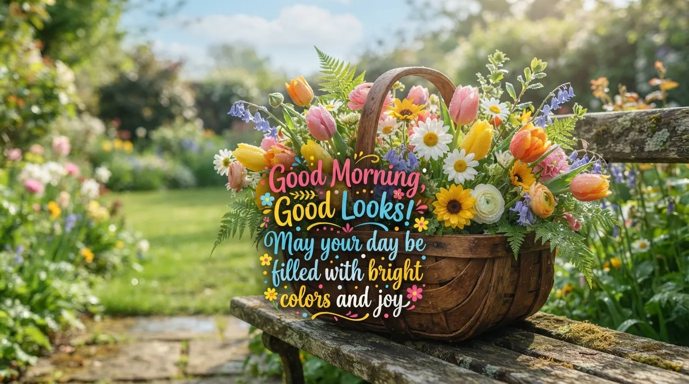 A wooden basket filled with colorful spring flowers for a special good morning wish.