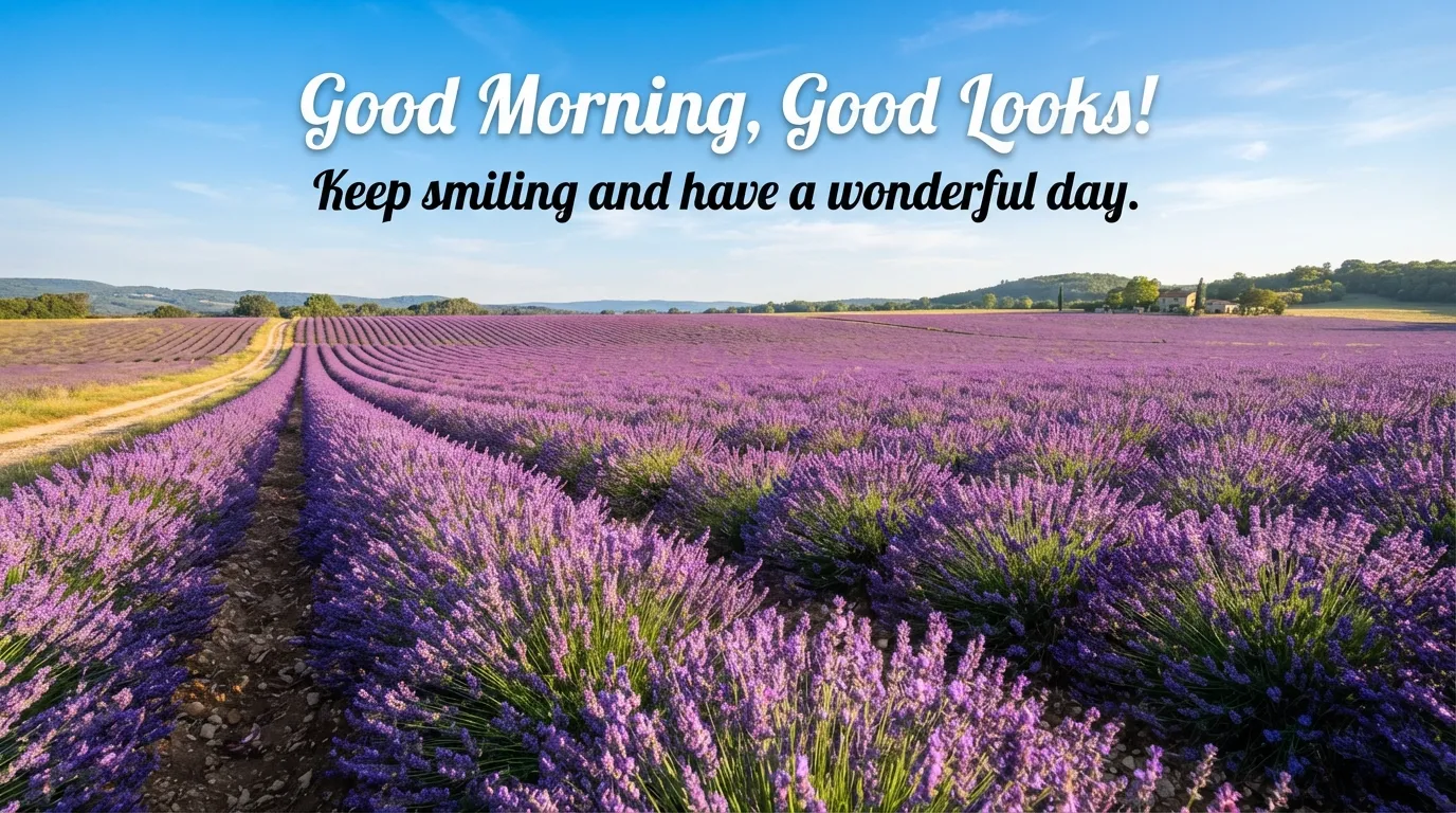 Special beautiful good morning background featuring a vast field of purple lavender under a blue sky.