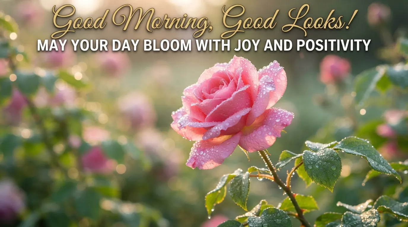 Special beautiful good morning image with a close-up of a pink rose covered in fresh dewdrops.