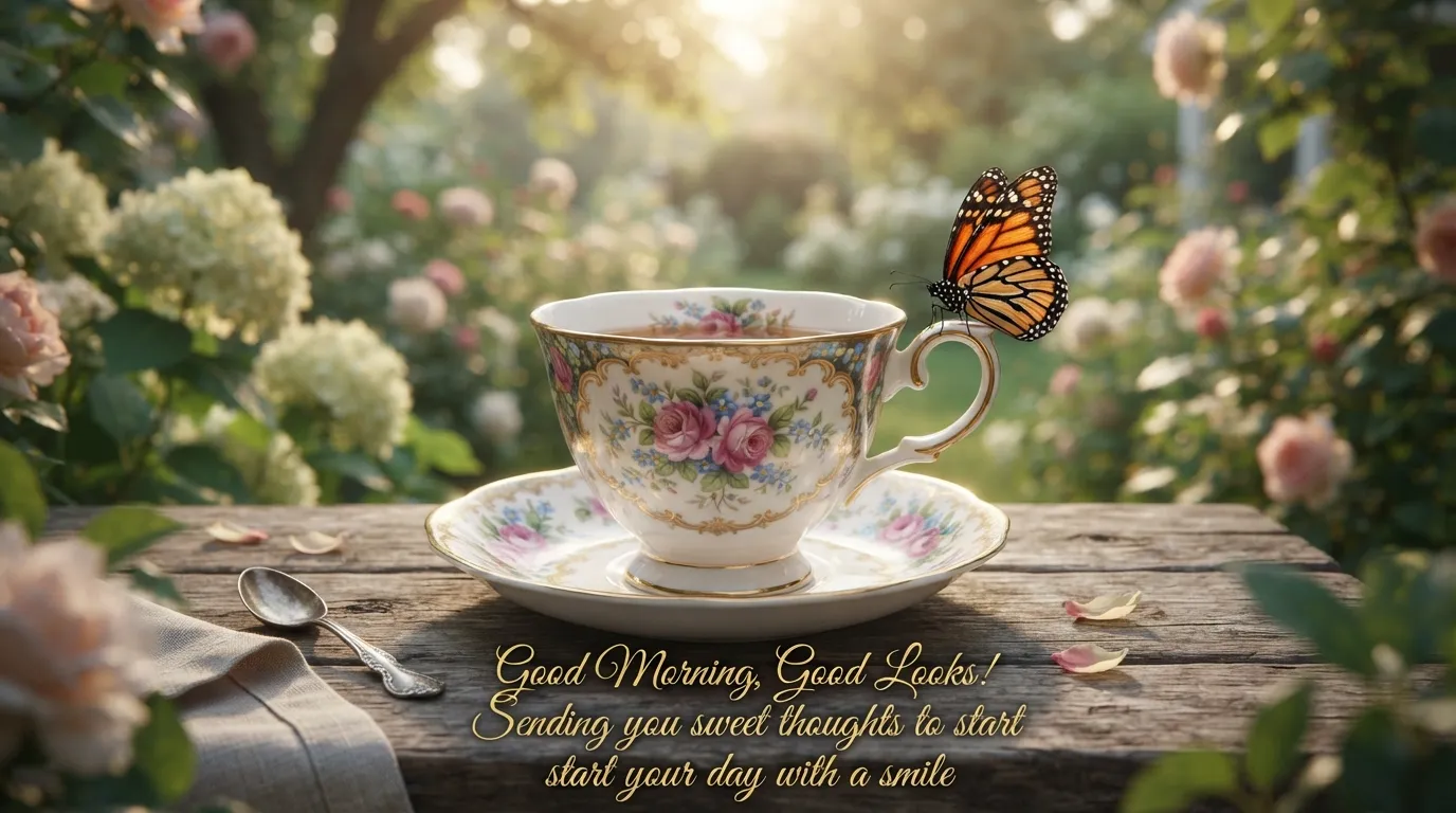 Special good morning image with a vintage tea cup and a beautiful butterfly nearby.
