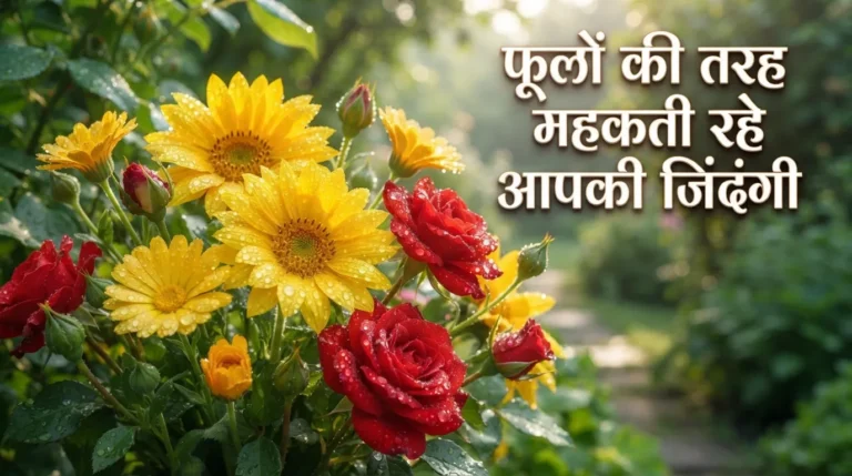 Beautiful morning flowers with dew drops and Hindi wish