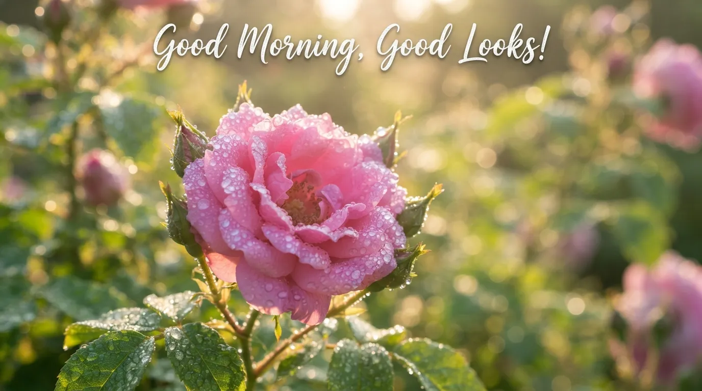 A beautiful pink rose with morning dew drops and good morning good looks text.