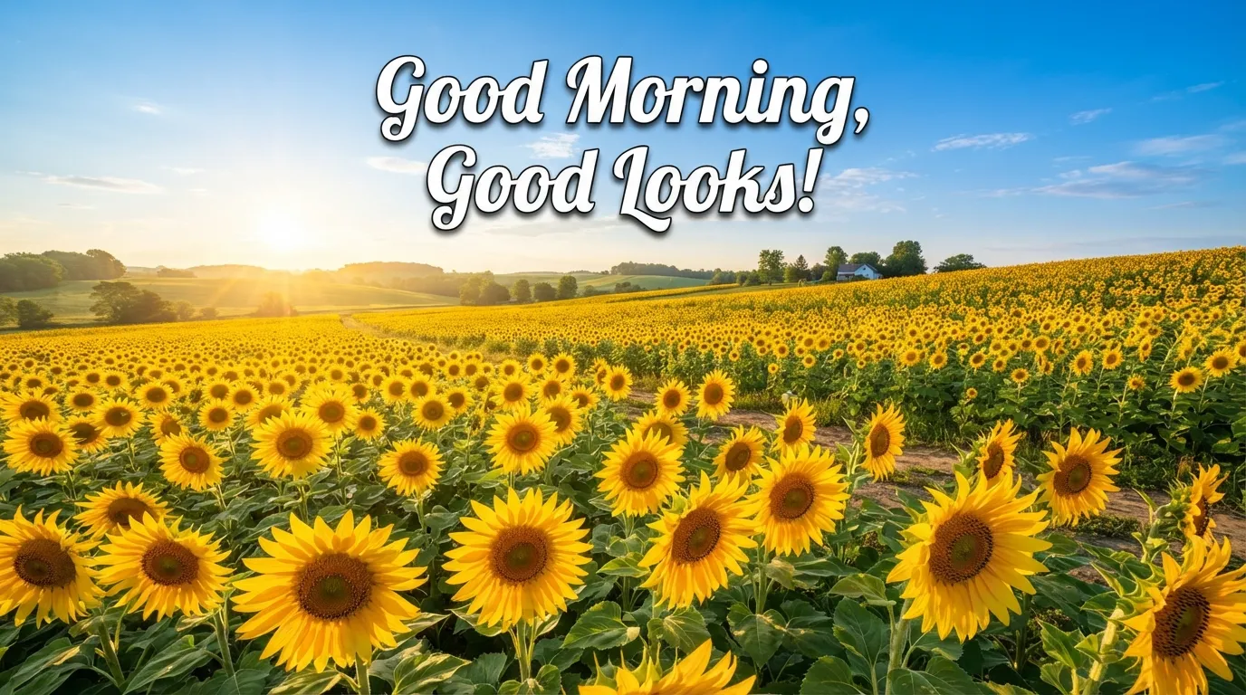 Bright yellow sunflowers facing the morning sun with a positive quote.