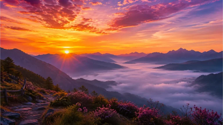 Stunning mountain sunrise landscape with suprabhat ravivar text.