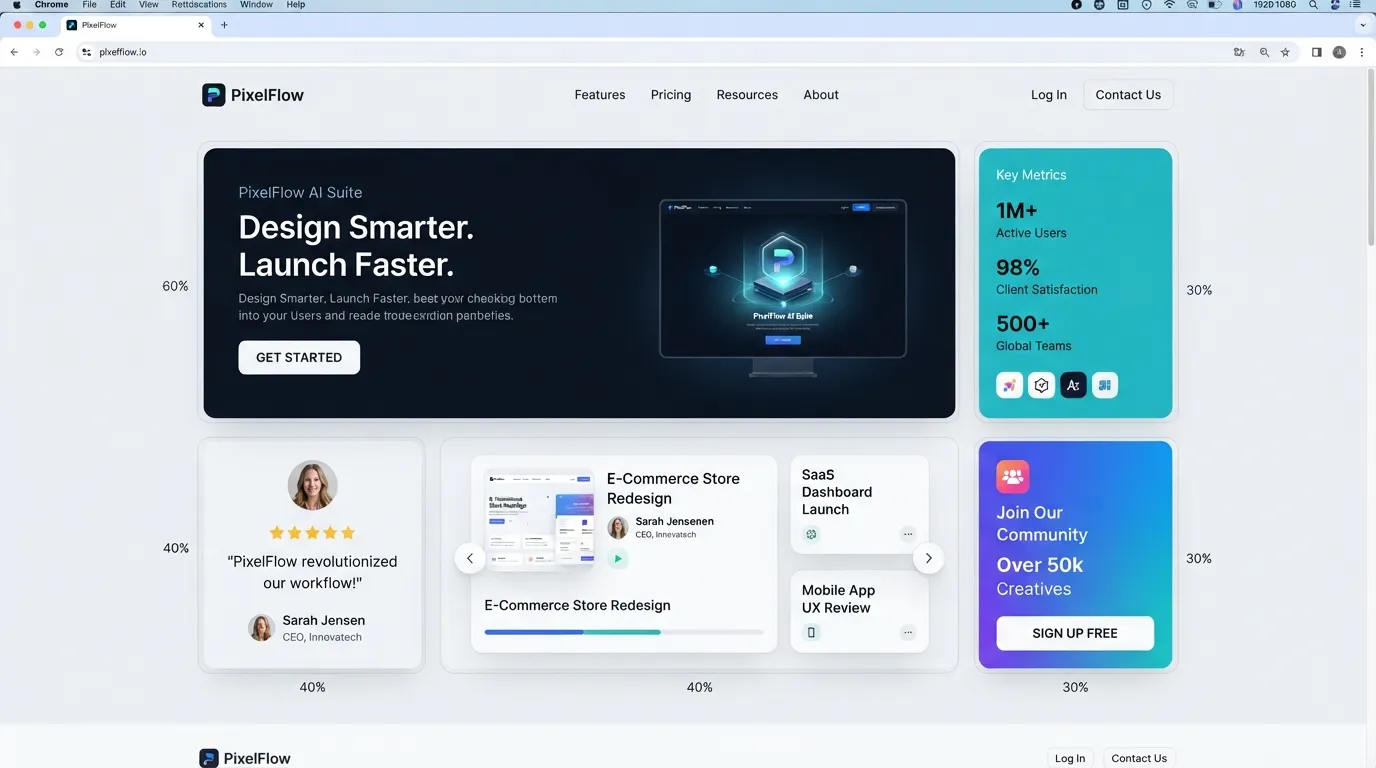 Real-world Bento grid UI layout example demonstrating modular, rounded rectangular cards organizing complex web app features and analytics into a clean visual hierarchy.