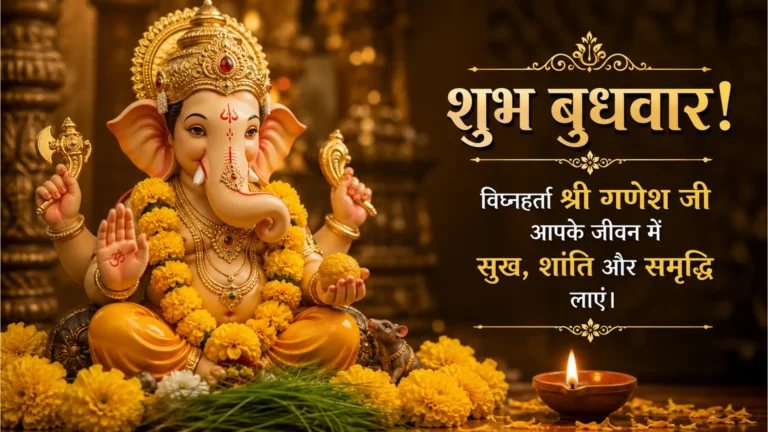 Shubh Budhwar image featuring Lord Ganesha with morning flowers and blessings.