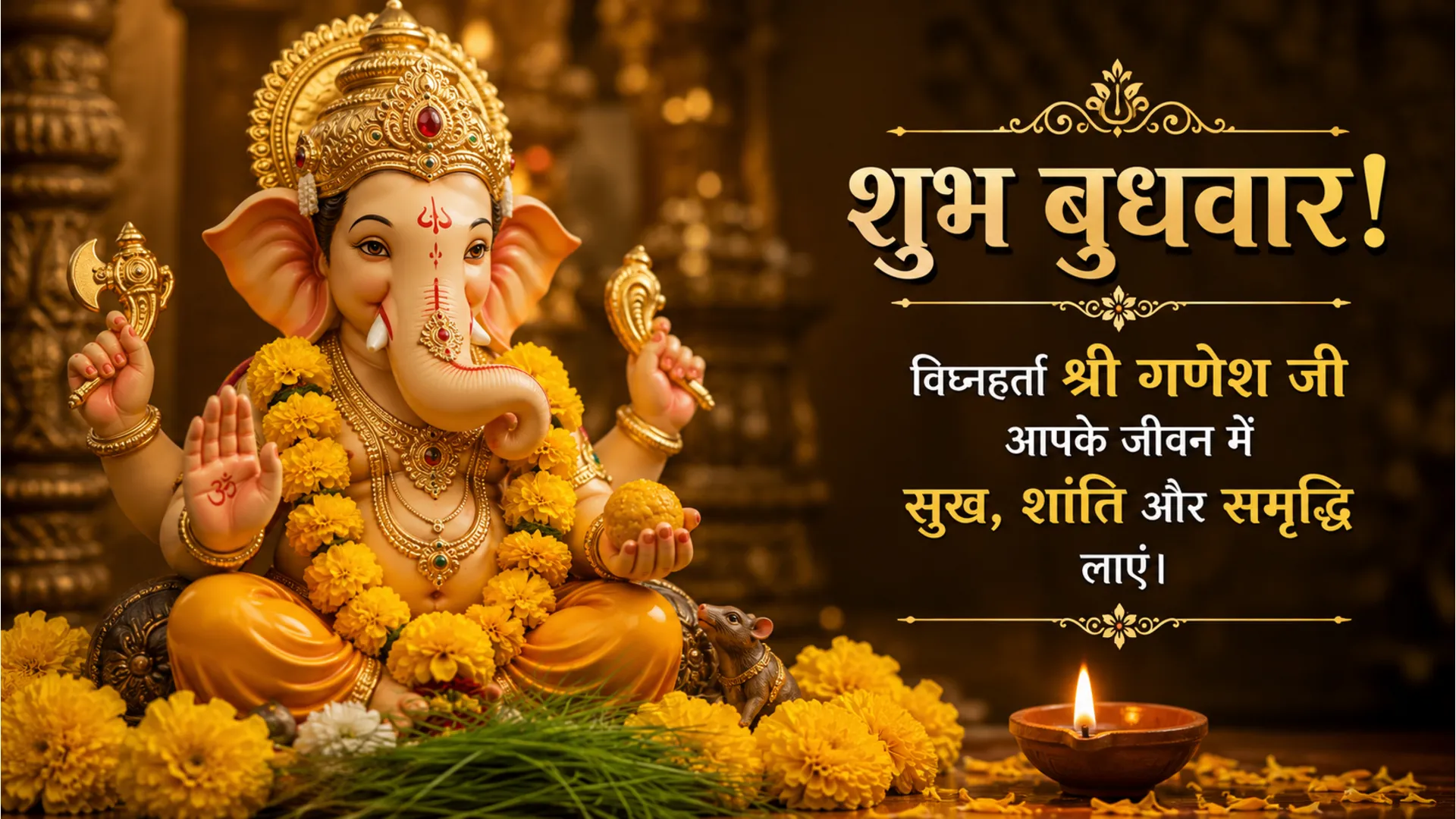 Shubh Budhwar image featuring Lord Ganesha with morning flowers and blessings.