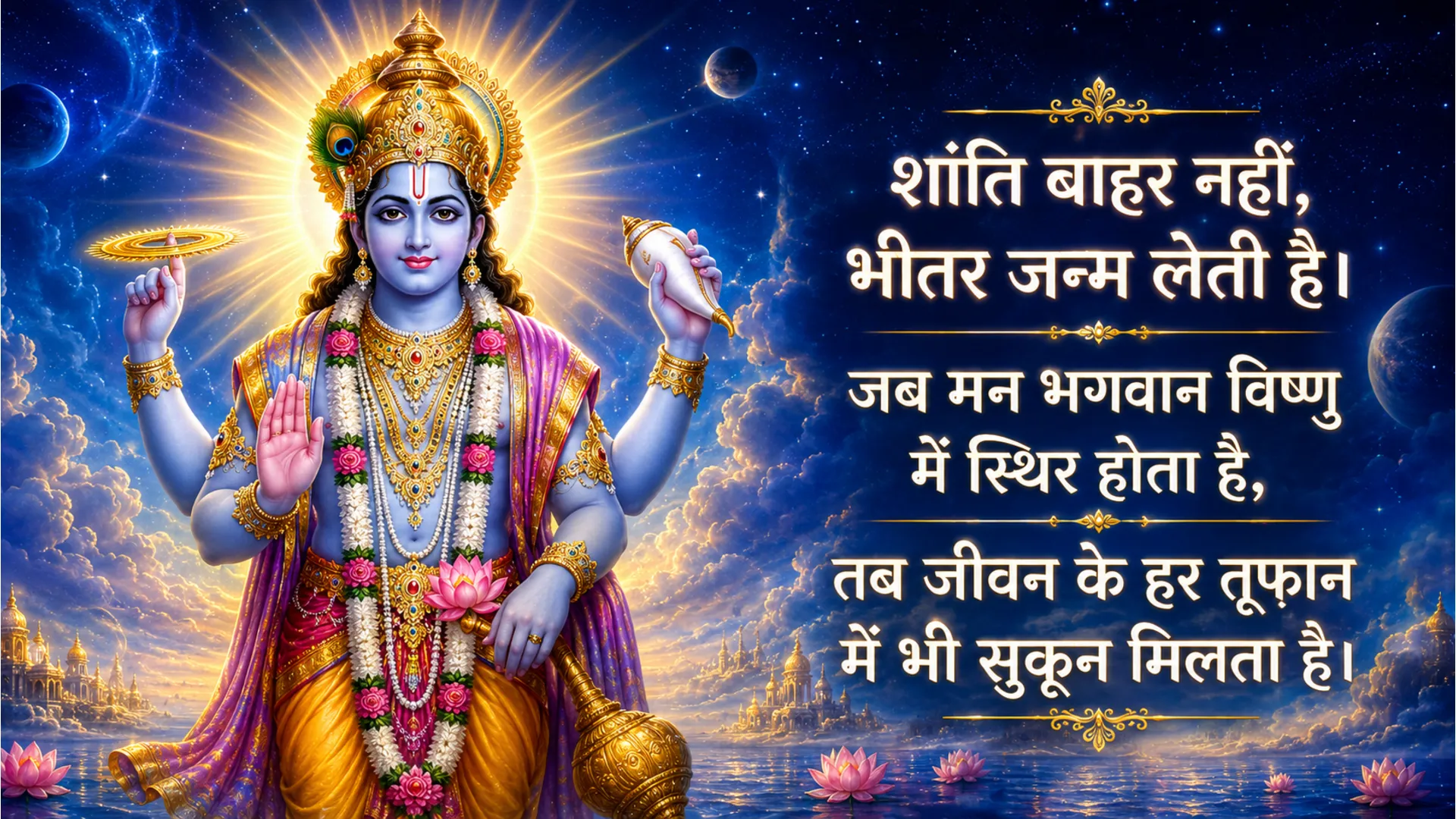 Lord Vishnu with Sudarshana Chakra and blue cosmic light morning Hindi quote