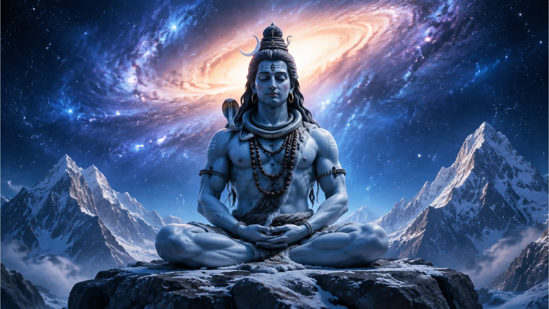Bholenath photo 3d of Lord Shiva meditating on a Himalayan peak, surrounded by snow and a cosmic background.