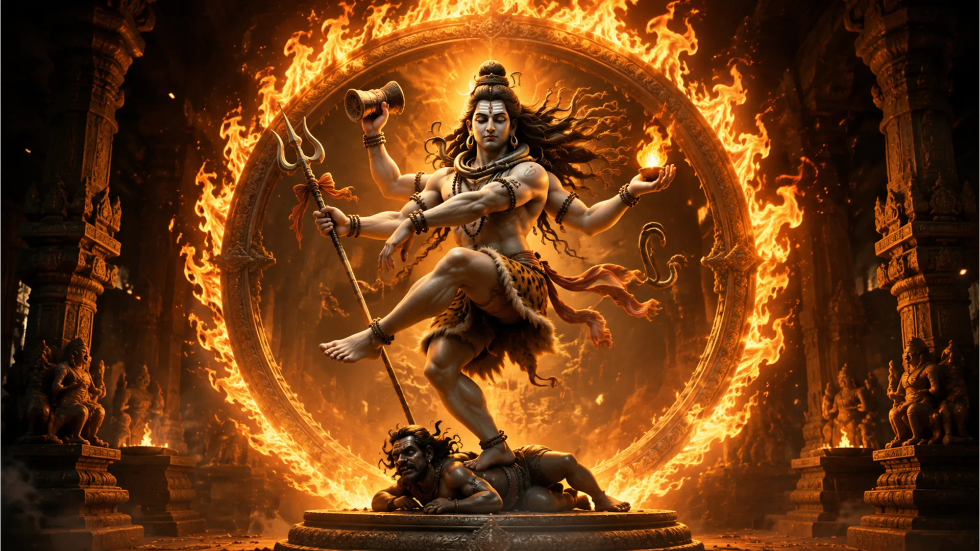 Dynamic 3D bholenath photo of Lord Shiva performing the cosmic Tandava dance within a ring of fire.