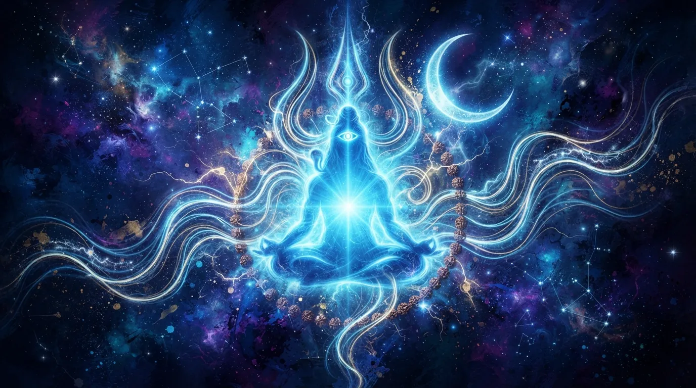 Abstract digital art representing Bholenath through a manifestation of spiritual energy and light.