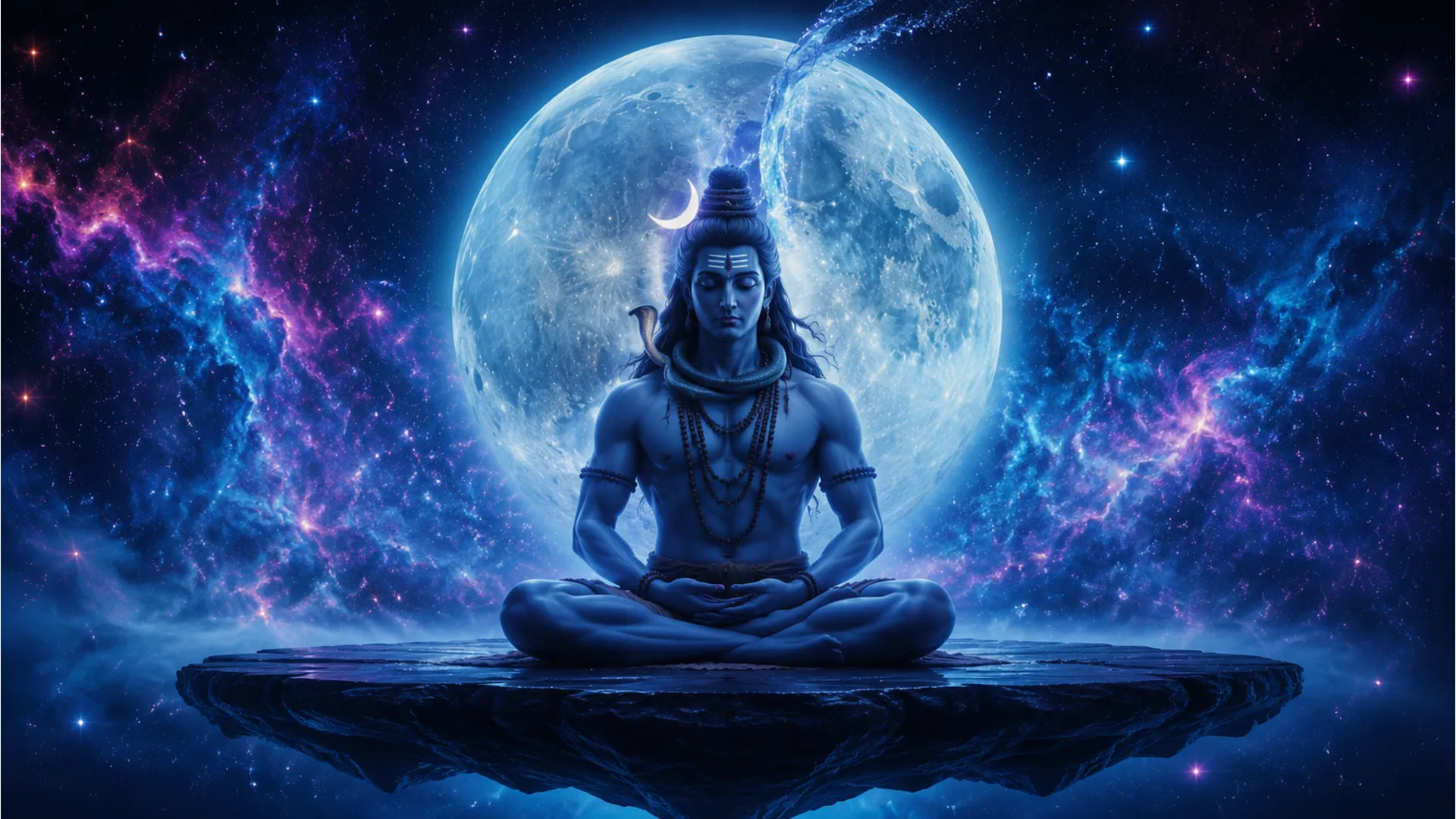 Bholenath photo 3d of Lord Shiva sitting peacefully with a large blue moon and a cosmic background.