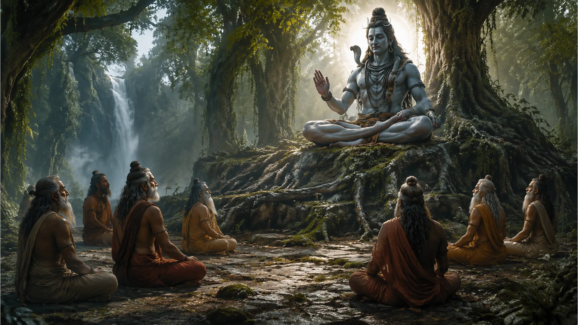 Grand 3D bholenath photo showing Lord Shiva in his Adi Yogi form, teaching the seven sages in a forest.
