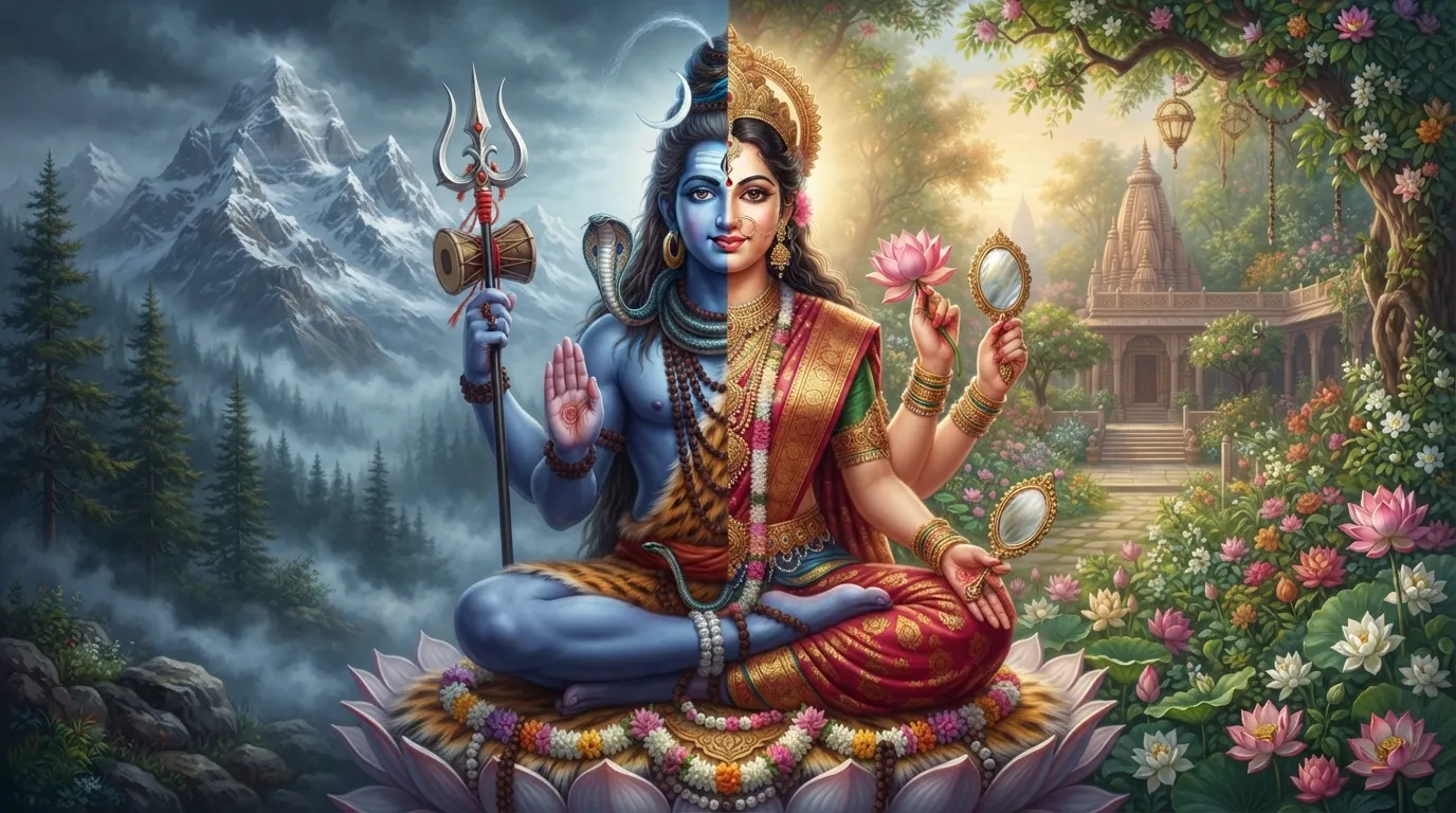 A creative depiction of Lord Shiva as Ardhanarishvara, the composite form with Shakti.