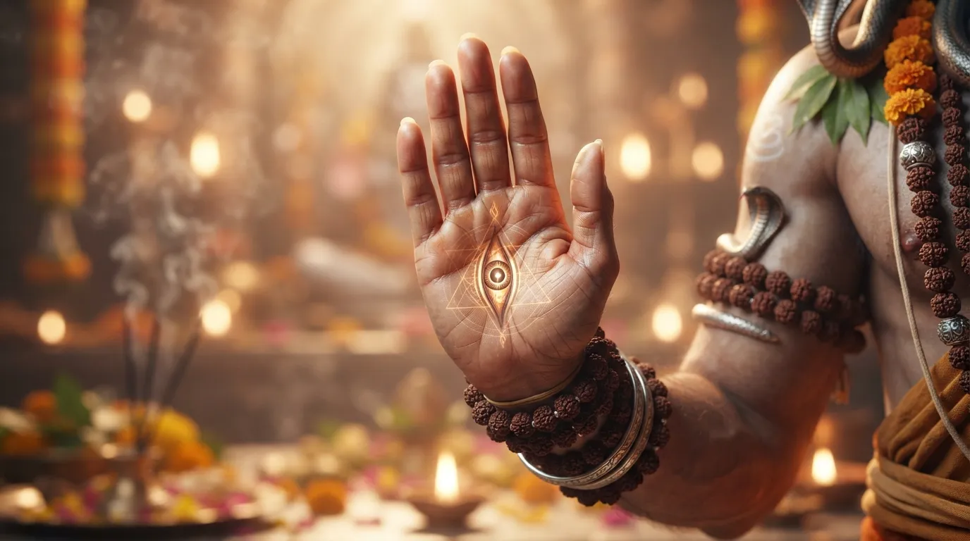 A close-up image focusing on Bholenath's hand in a blessing (Ashirwad) gesture.