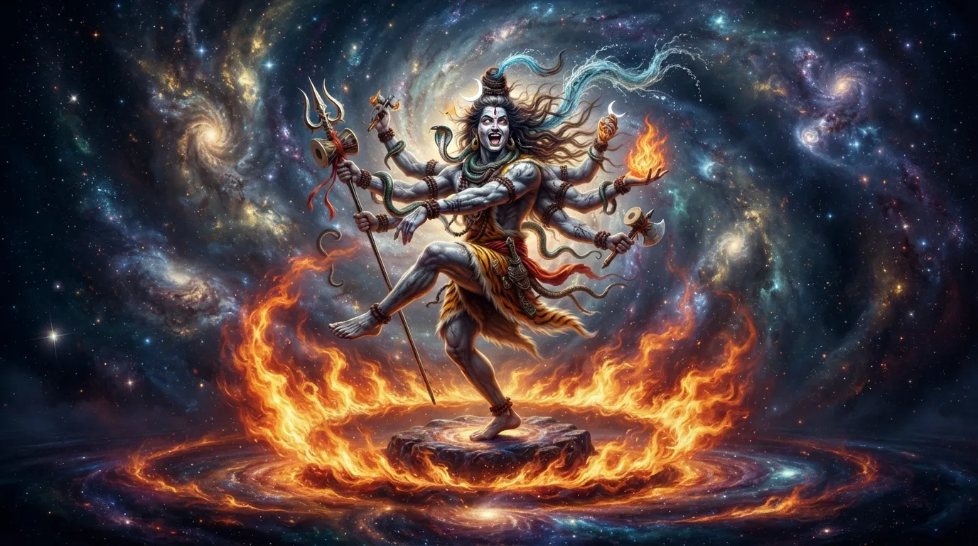 Lord Shiva as Bholenath in a dynamic posture of the Tandava dance on a cosmic stage.
