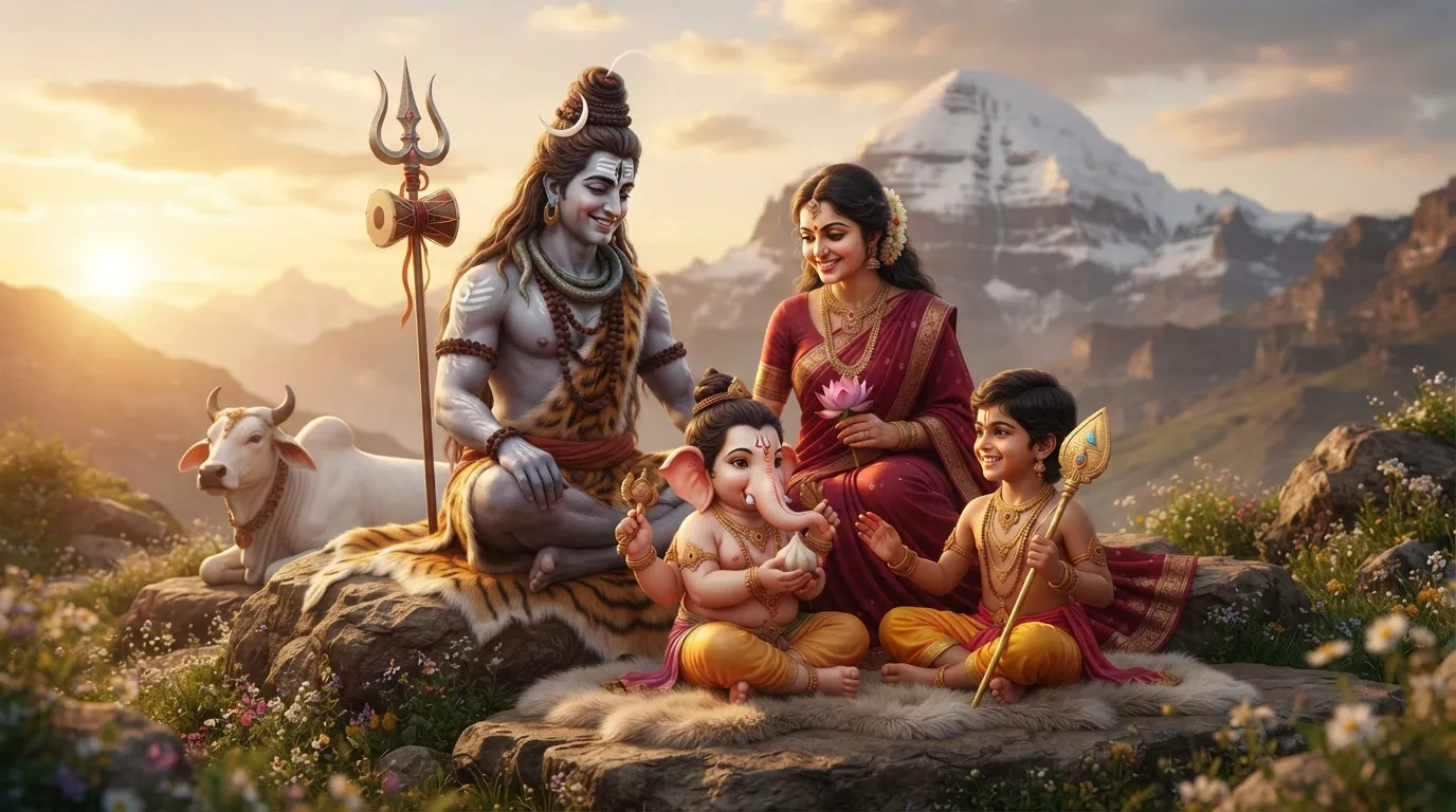 A heartwarming photograph of Bholenath with Goddess Parvati, Lord Ganesha, and Lord Kartikeya.