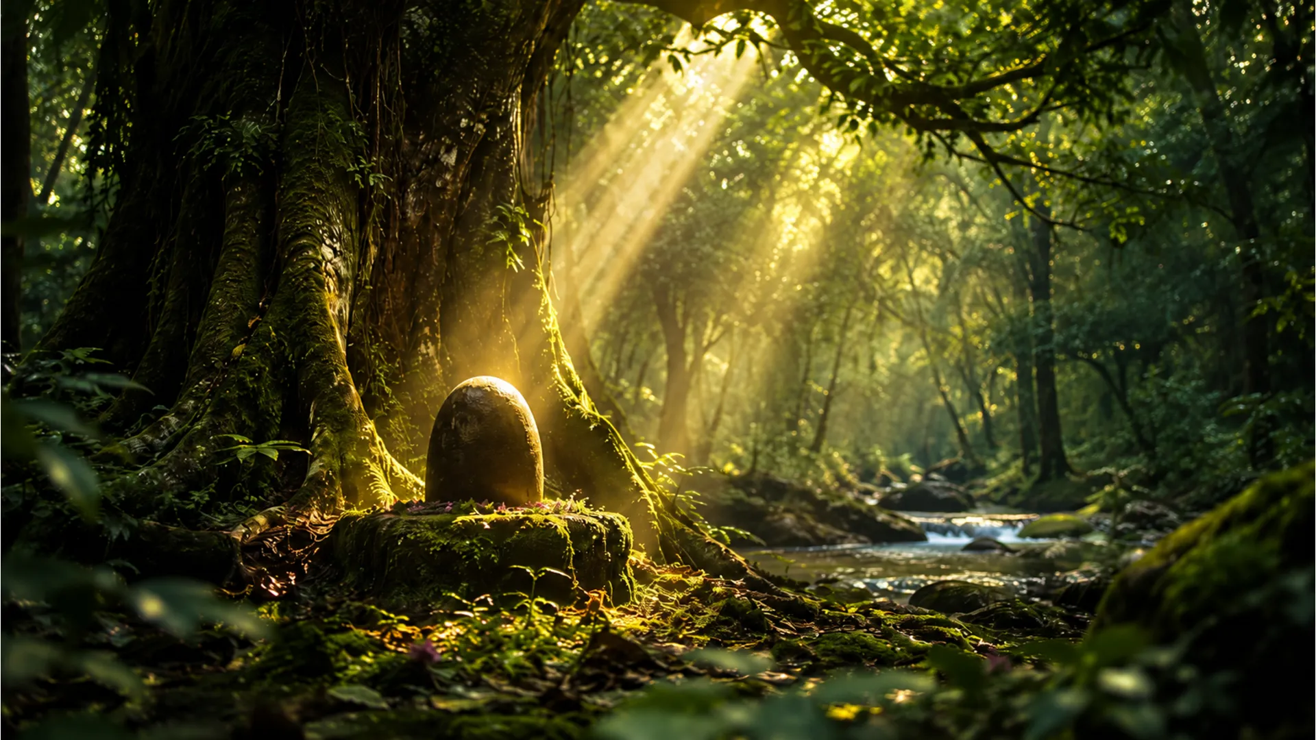 A photorealistic full HD image of a small, glowing stone Shivling found within a lush, ancient, and mossy forest grove, bathed in shafts of sunlight.