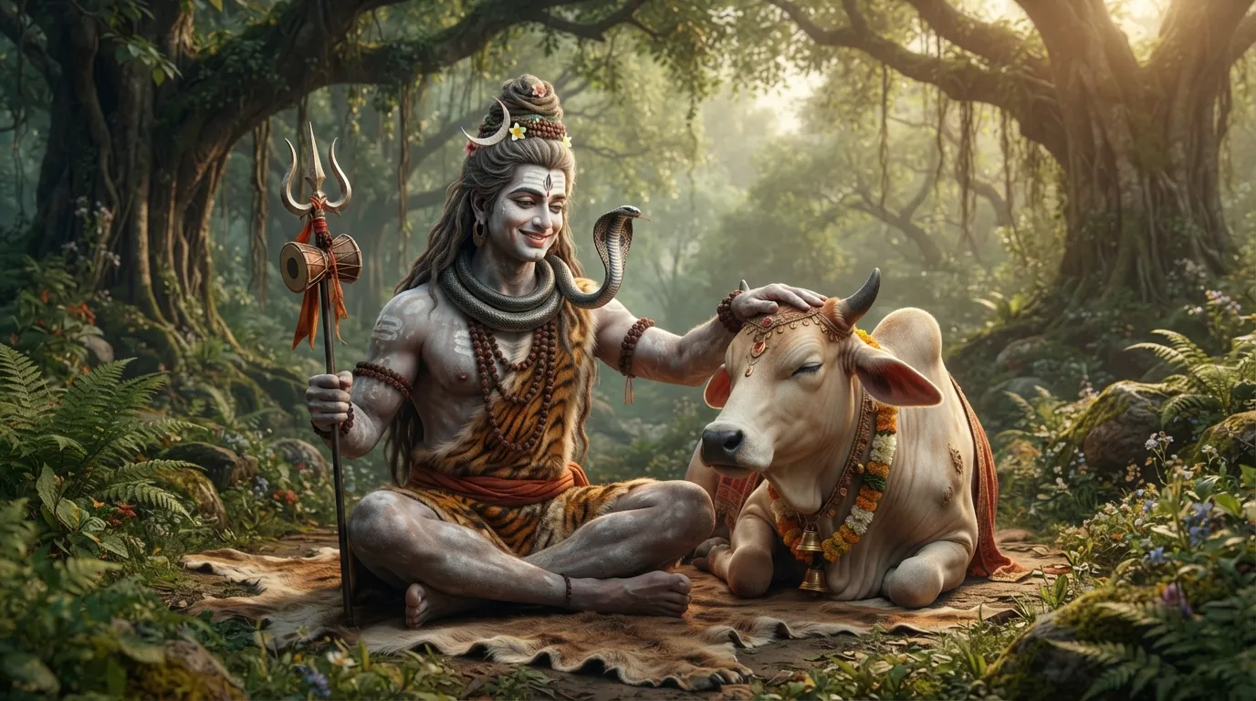 Lord Shiva as Bholenath, displaying his gentle nature with Nandi the bull and a cobra.