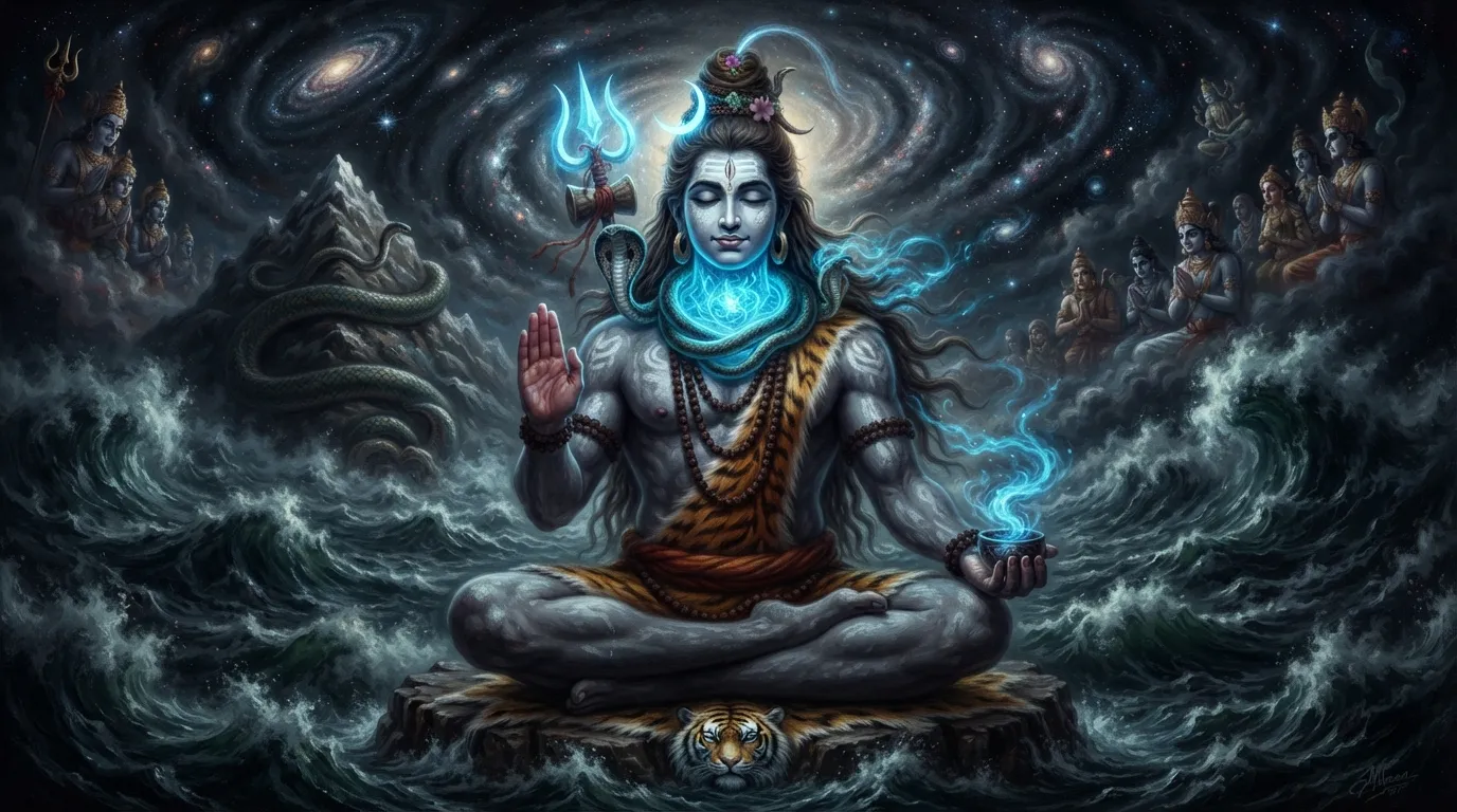 Lord Shiva as Neelkanth with glowing blue throat