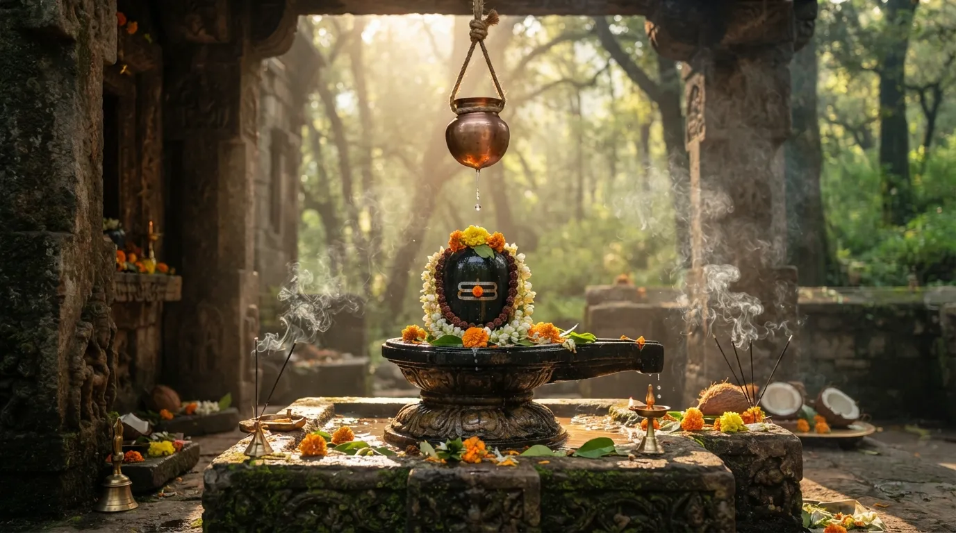 Holy Shiva Lingam decorated with flowers and Bael leaves