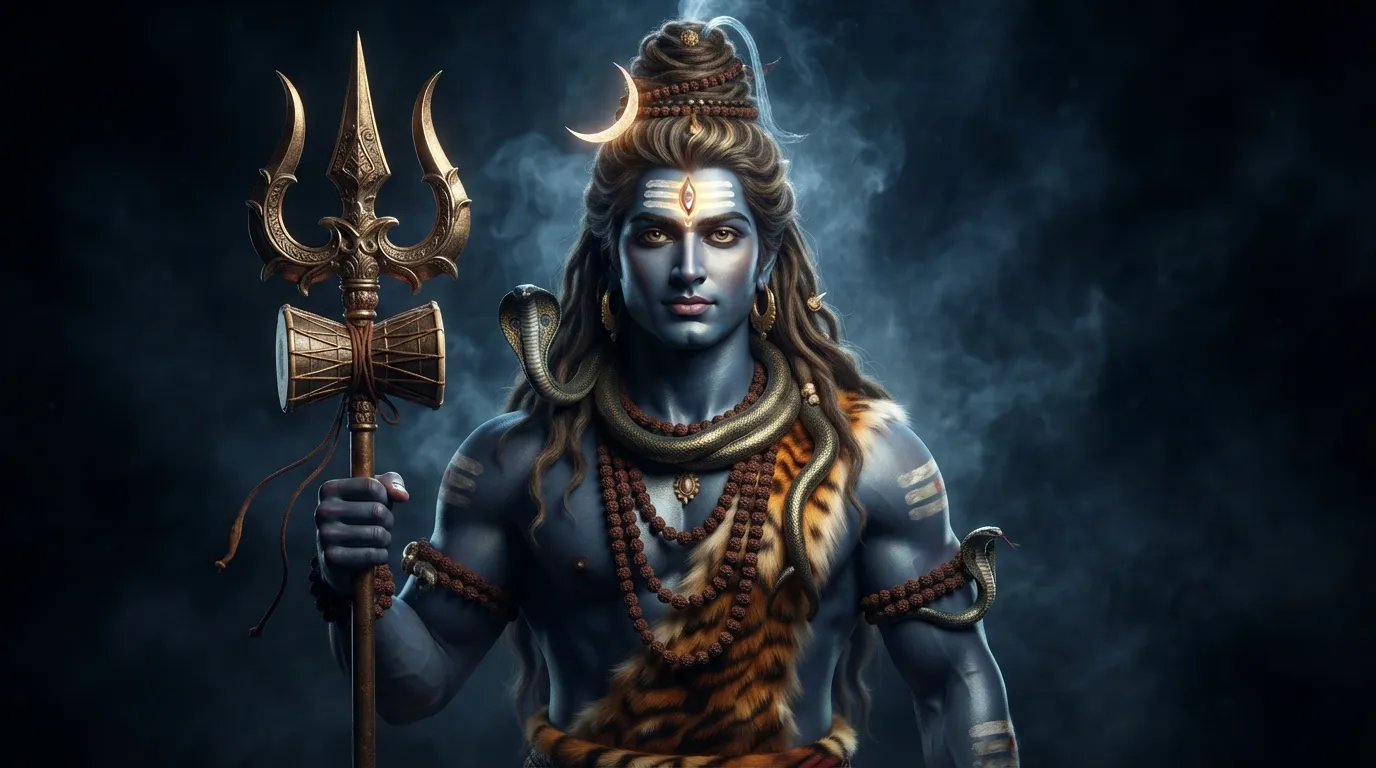Lord Shiva holding his sacred Trishul with a powerful look