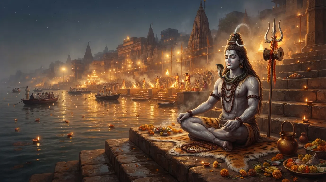 Lord Shiva spiritual image near the ghats of Varanasi Ganga River