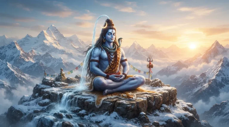 Lord Bholenath meditating peacefully on Mount Kailash surrounded by snow.