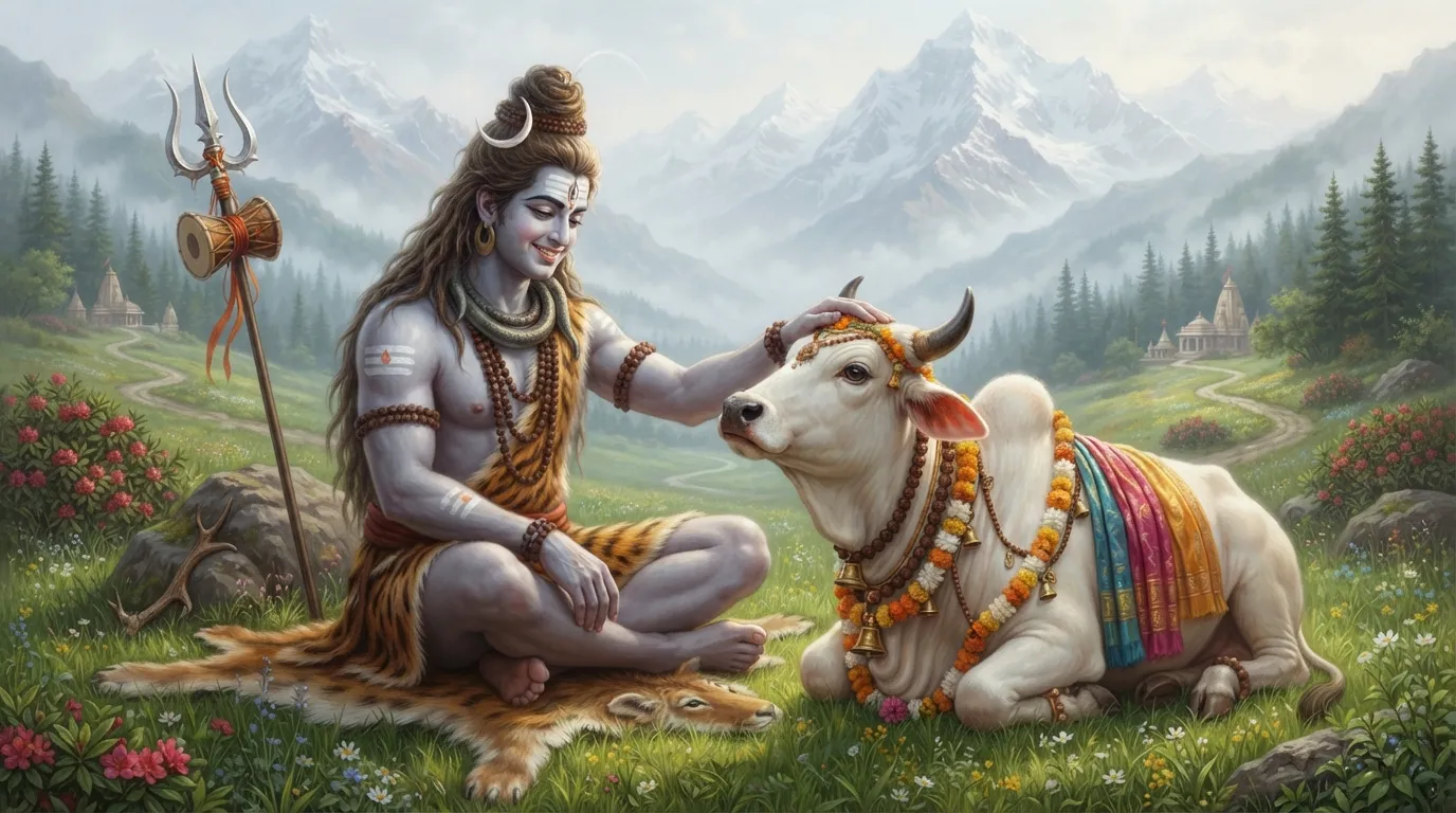 Lord Shiva sitting peacefully next to his loyal vehicle, Nandi the bull.