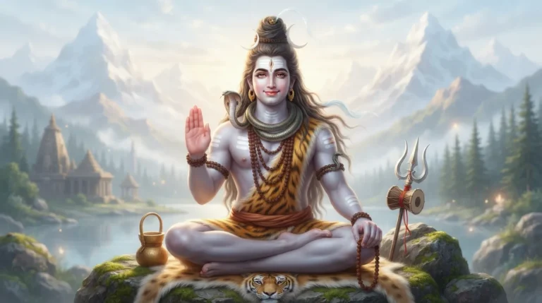 A portrait of Lord Bholenath with a gentle and compassionate expression, looking directly.