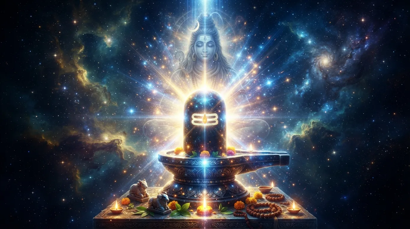 A majestic Bholenath Lingam emitting rays of cosmic and spiritual energy.