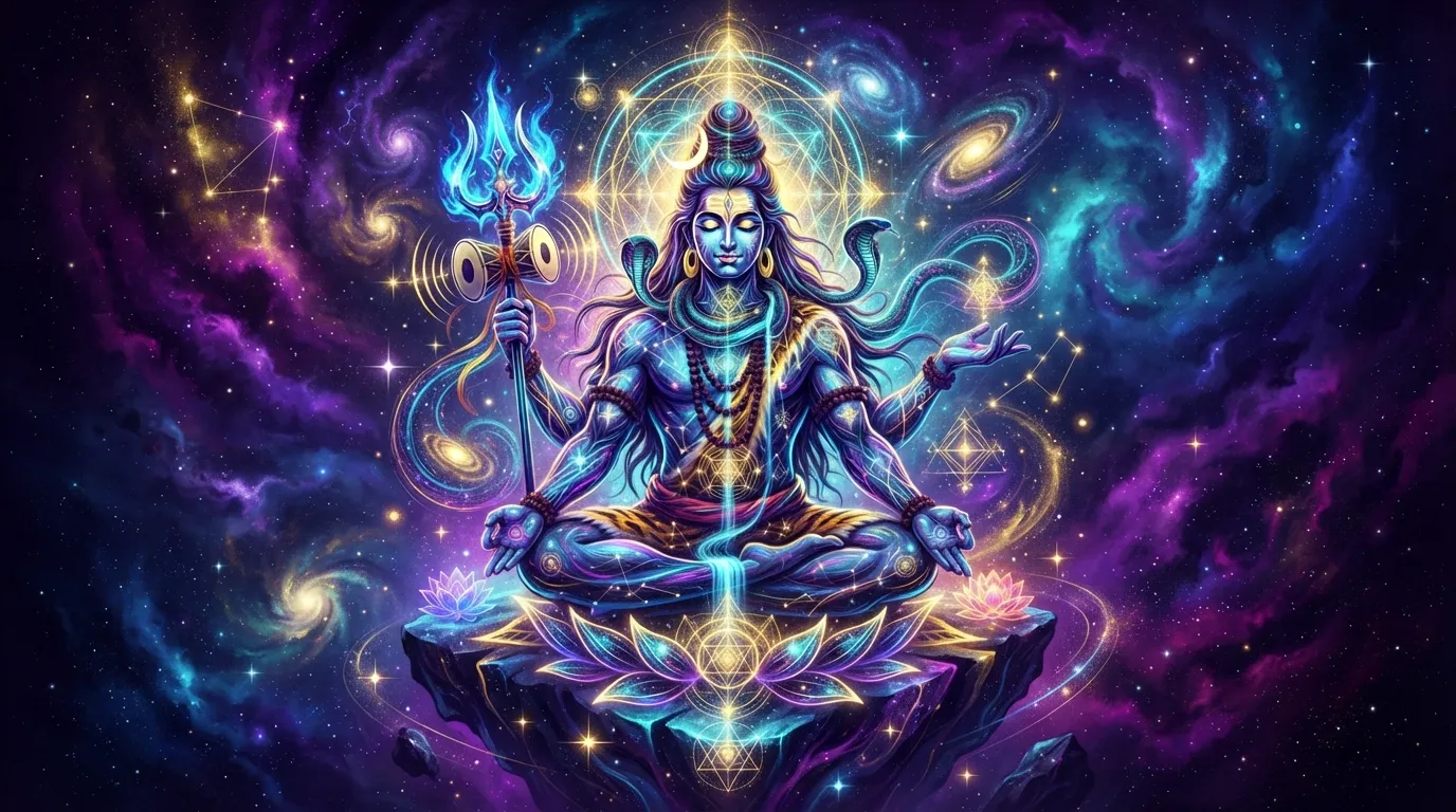 A stylized modern art illustration of Bholenath with vibrant, cosmic colors.