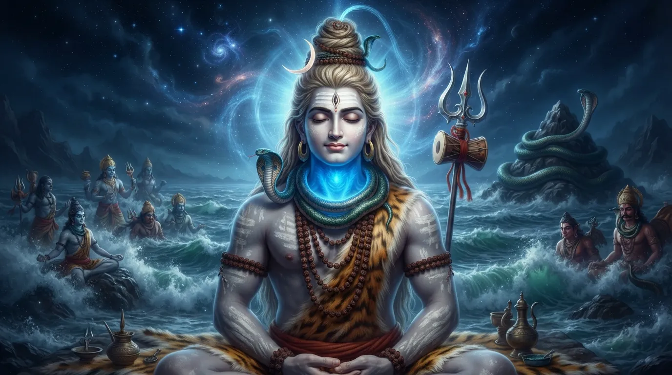 A portrait of Lord Shiva highlighting his blue throat (Neelkanth).