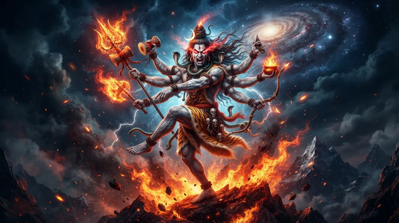 A fierce and dynamic depiction of Bholenath's Rudra Avatar with multiple arms.