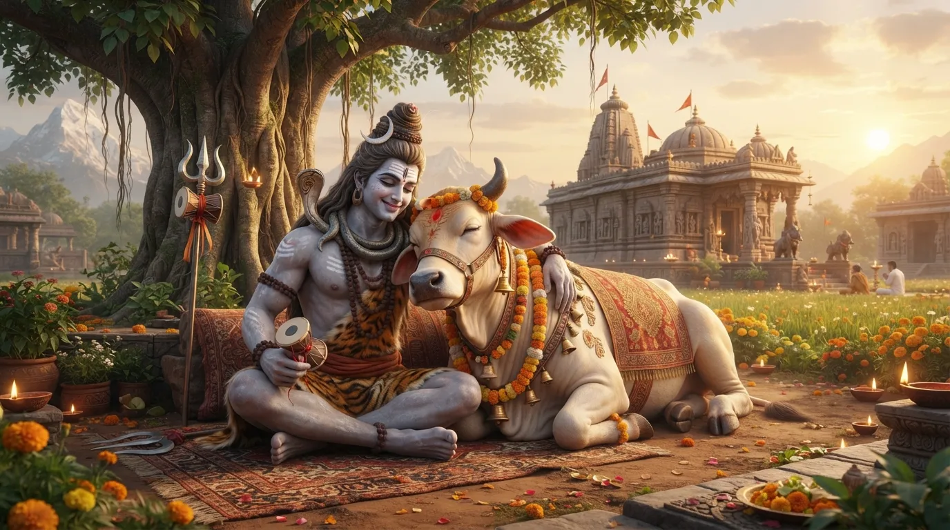 A heartwarming image of Bholenath resting or seated with his faithful vehicle, Nandi.