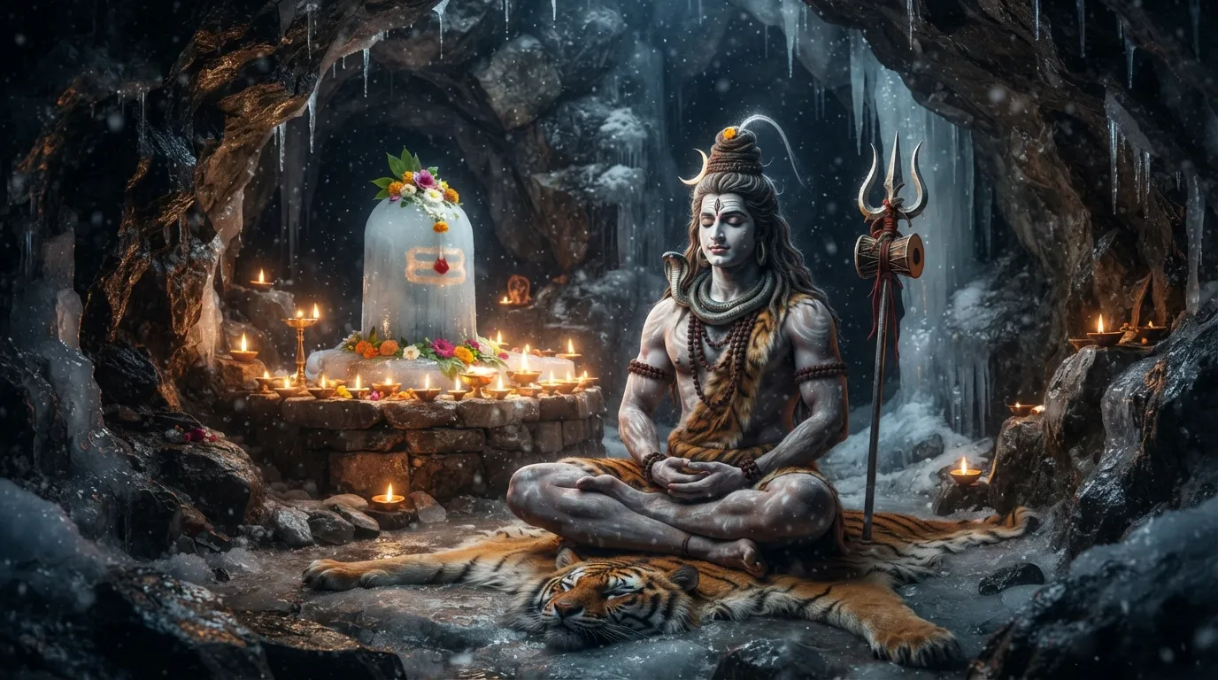 Bholenath sitting in a naturally formed ice cave (Gufa) on Mount Kailash.