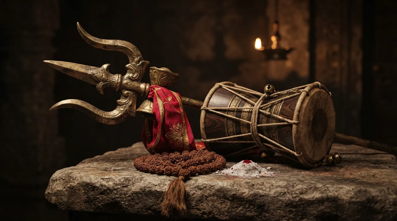 A detailed close-up shot of Lord Shiva’s Trishul (trident) and Damru (drum) with holy ashes.