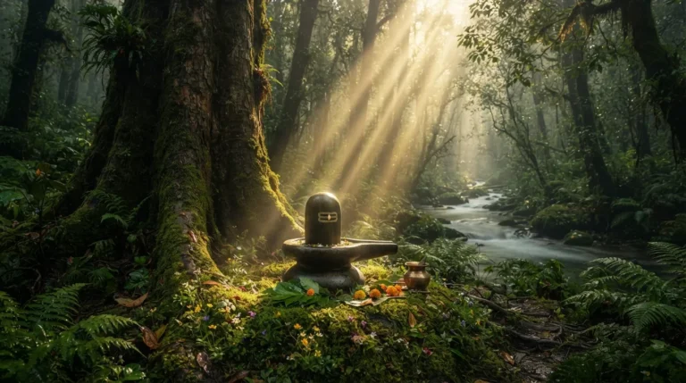 A natural landscape bholenath ke photo showing a smooth stone Shivling in a mossy forest under bright shafts of sunlight.