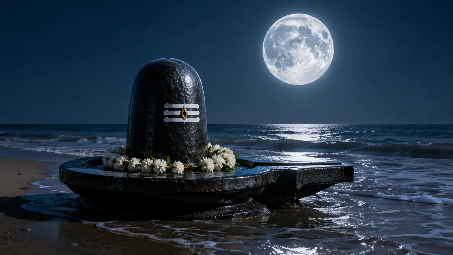 A high-definition bholenath ke photo showing a dark stone Shivling on a quiet ocean shore under a massive full moon.