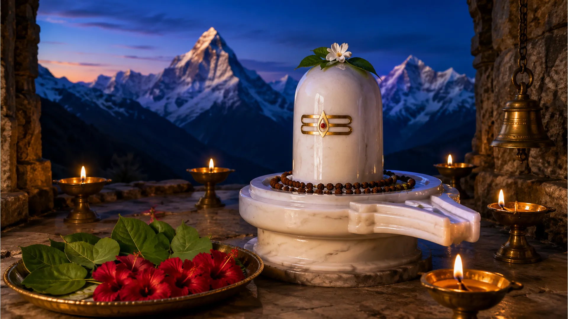 A Full HD bholenath ke photo featuring a serene white marble Shivling in a traditional Himalayan temple setting surrounded by snow and mountains.