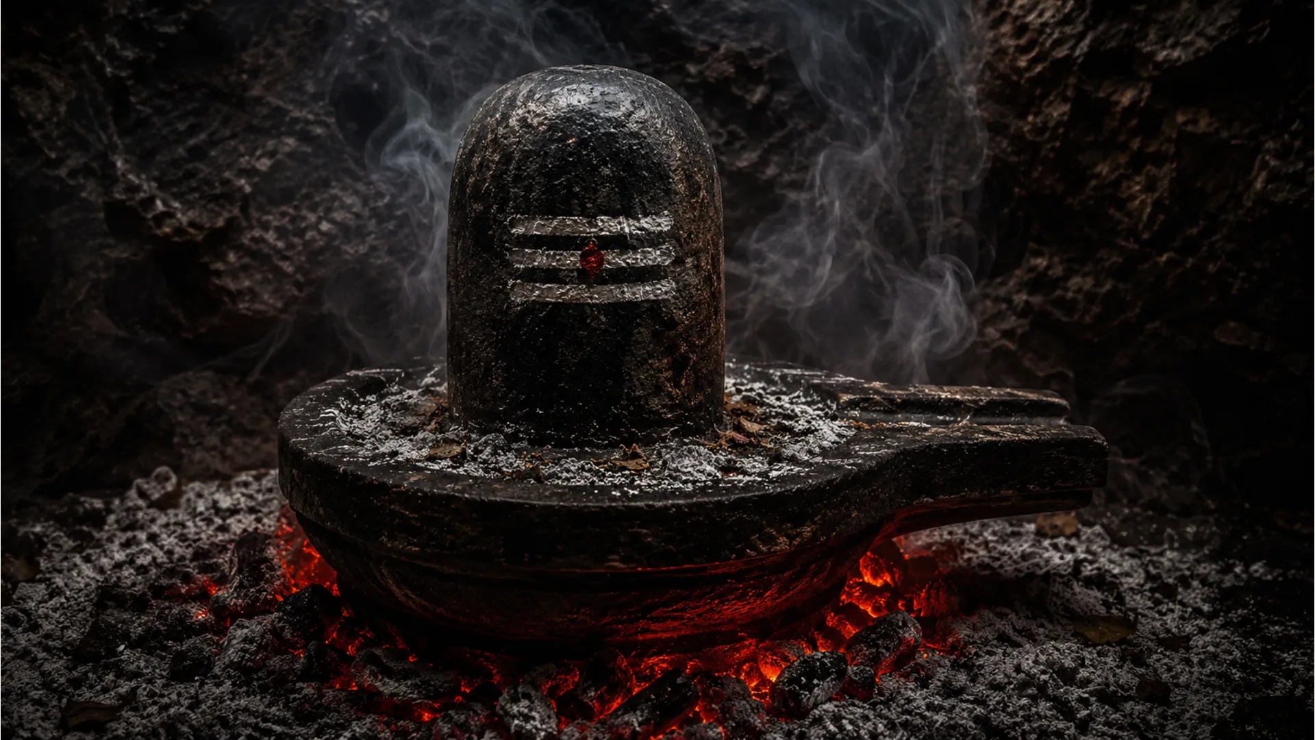 A powerful and dramatic bholenath ke photo of a dark granite Shivling surrounded by glowing embers and sacred vibhuti ash.
