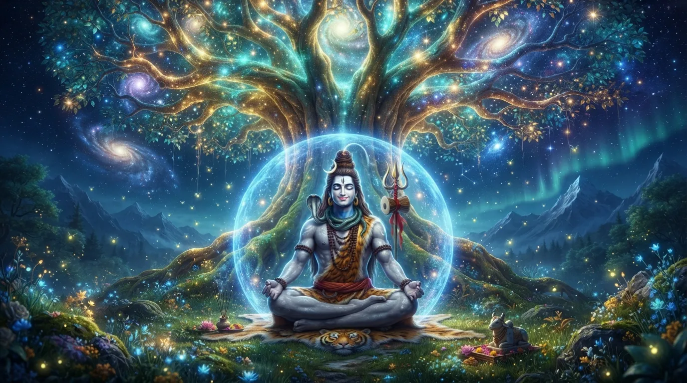 3D Lord Shiva meditating under a glowing spiritual tree